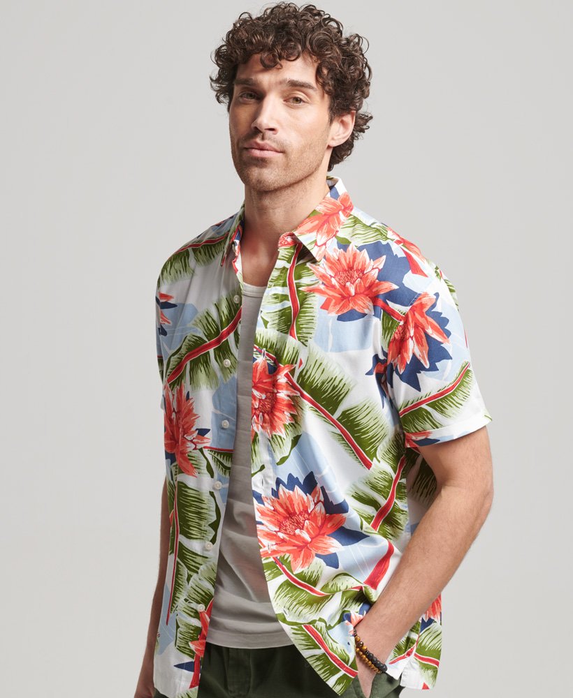 camisa havaiana de manga curta na cor optic banana leaf