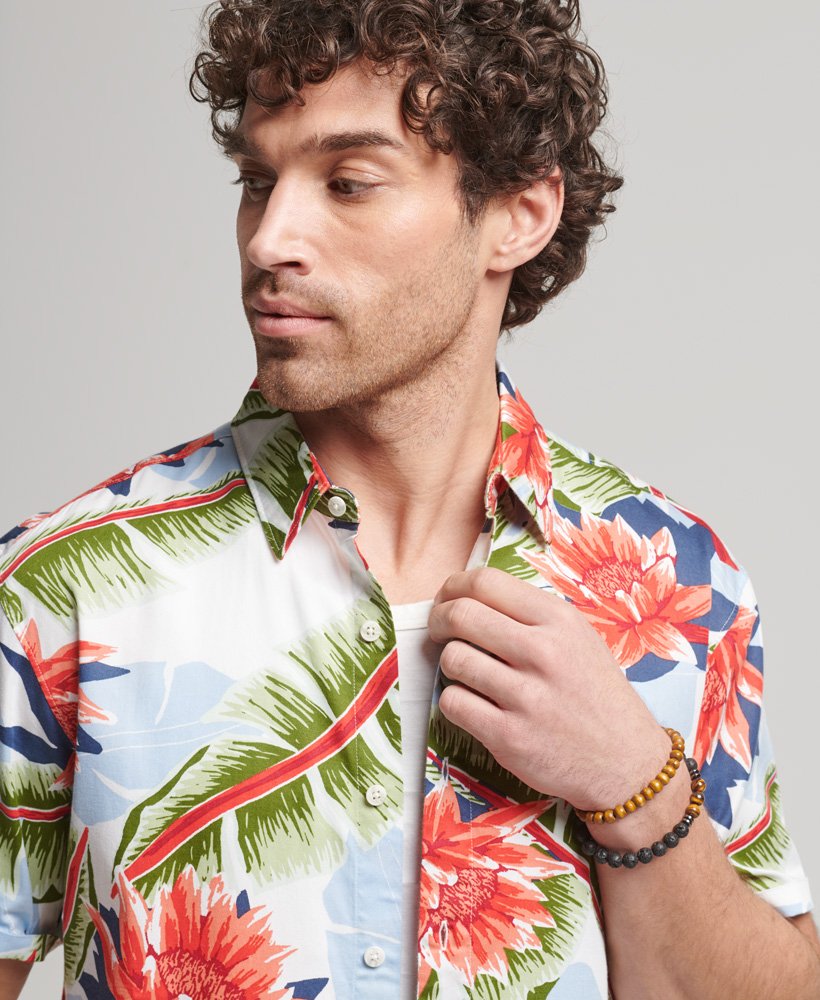 camisa havaiana de manga curta na cor optic banana leaf