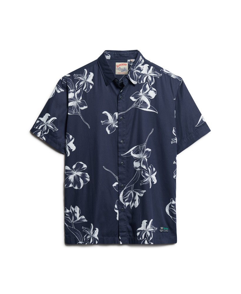 camisa havaiana de manga curta em hibisco azul marinho.