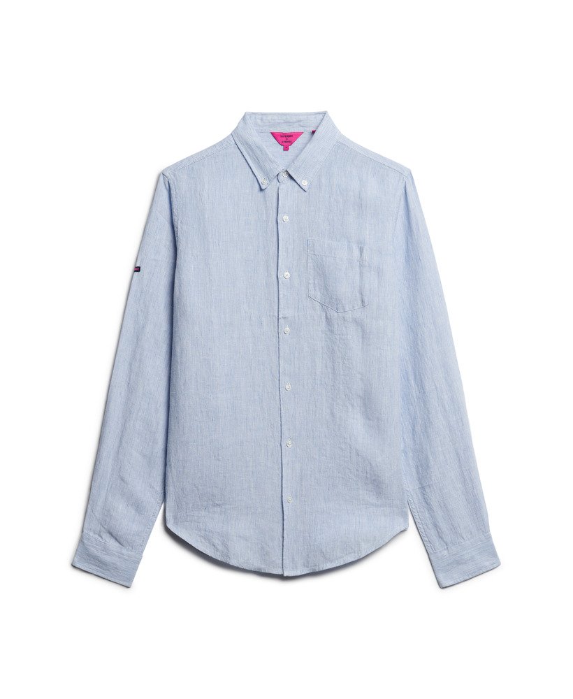 camisa de linho com botões da organic cotton studios em listras azuis estilo boné.