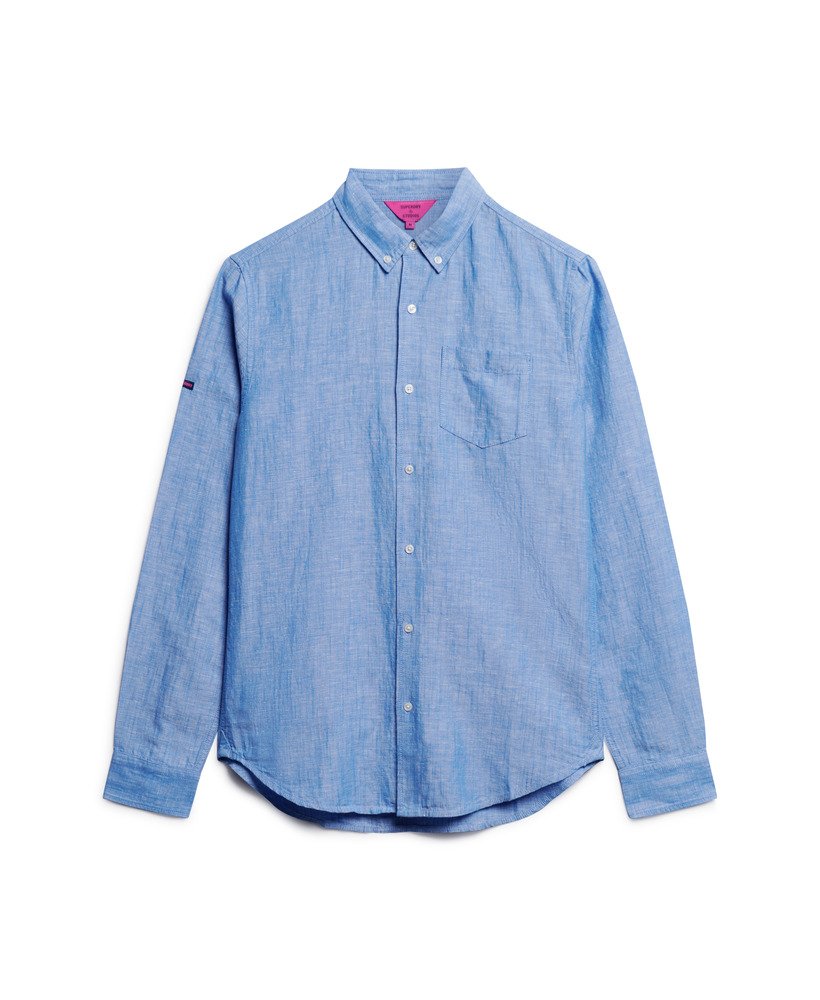 camisa de linho com botões da organic cotton studios na cor blue bonnet.