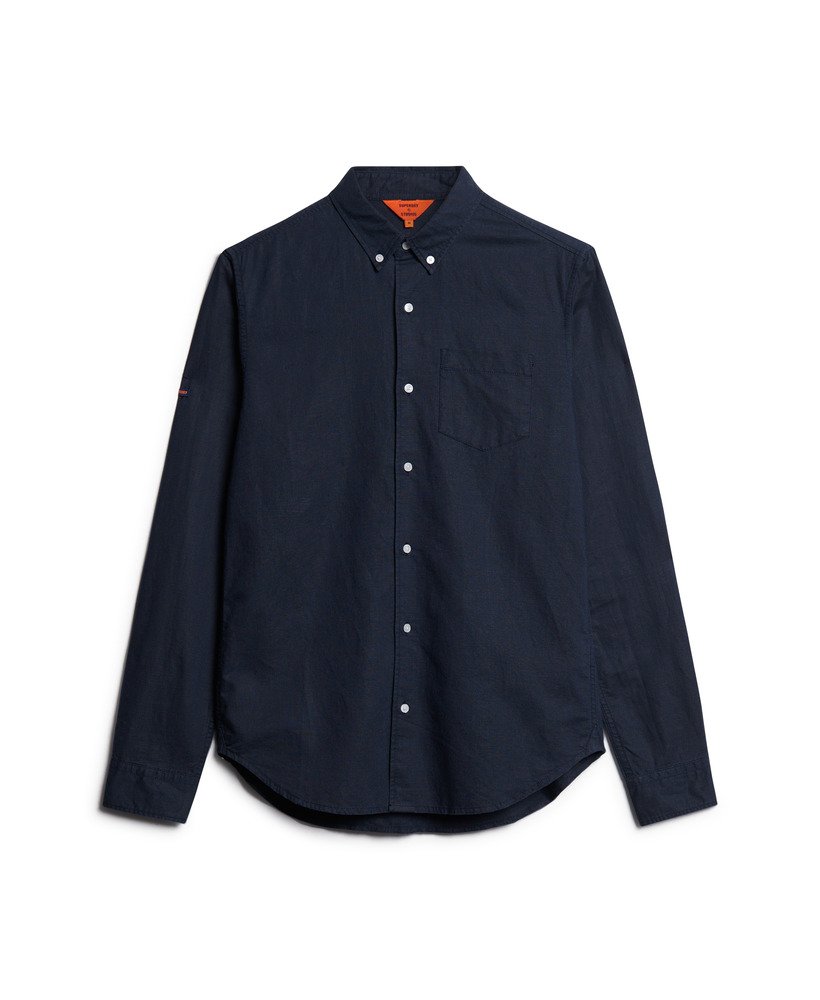 camisa de linho com botões da organic cotton studios na cor azul marinho eclipse.