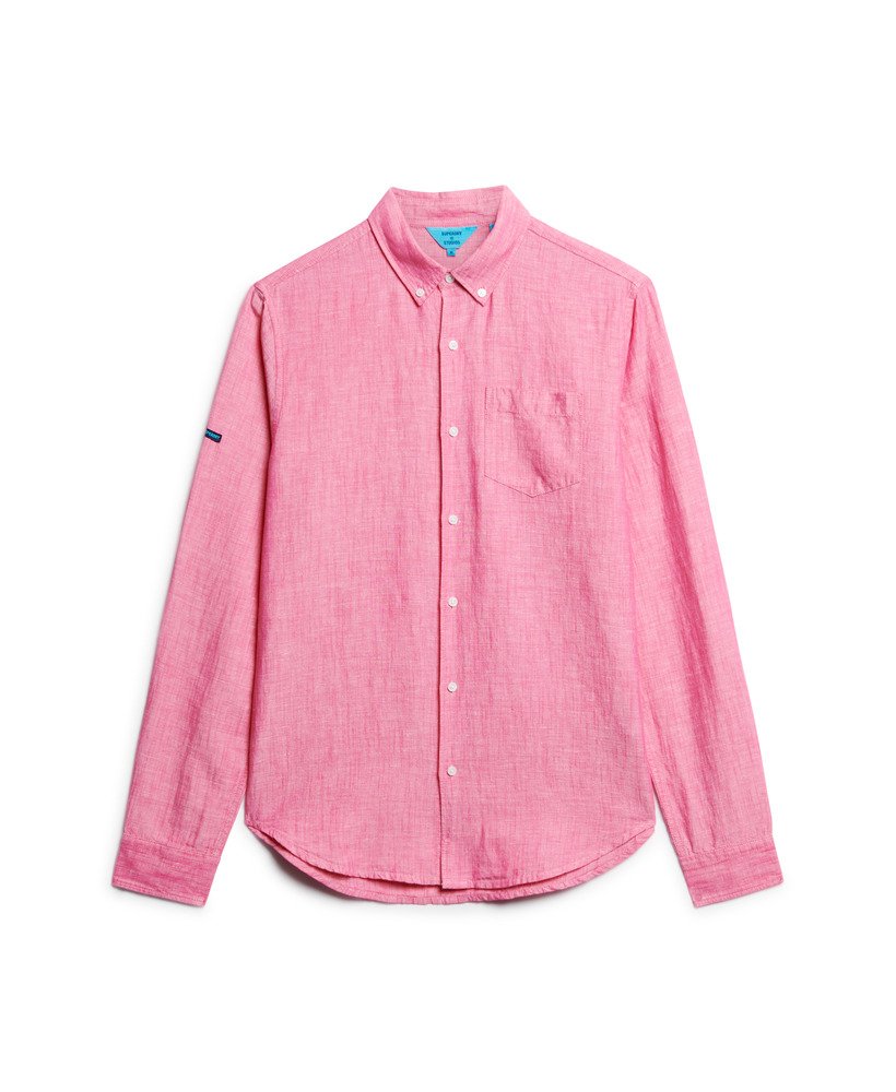 camisa de linho com botões da organic cotton studios na cor rosa vibrante.