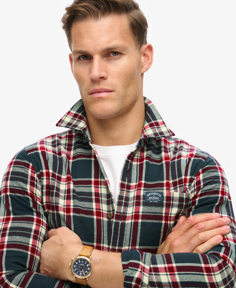 camisa de manga comprida estilo lenhador em algodão com estampa xadrez kansas azul marinho.