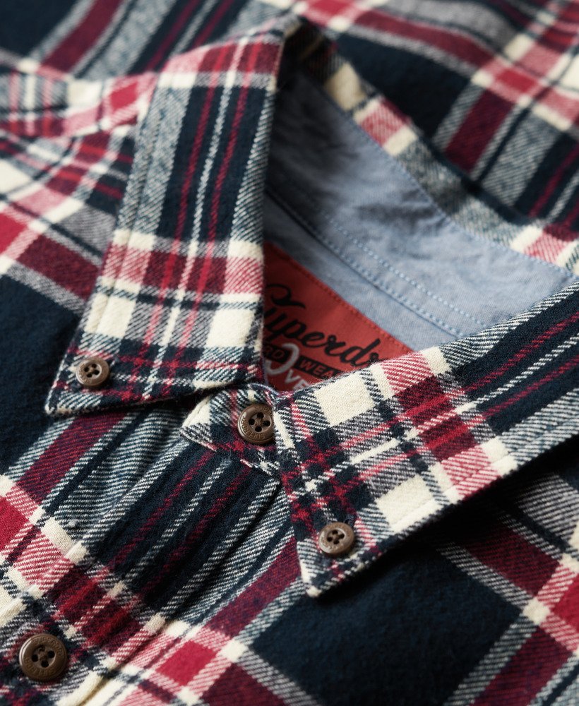 camisa de manga comprida estilo lenhador em algodão com estampa xadrez kansas azul marinho.
