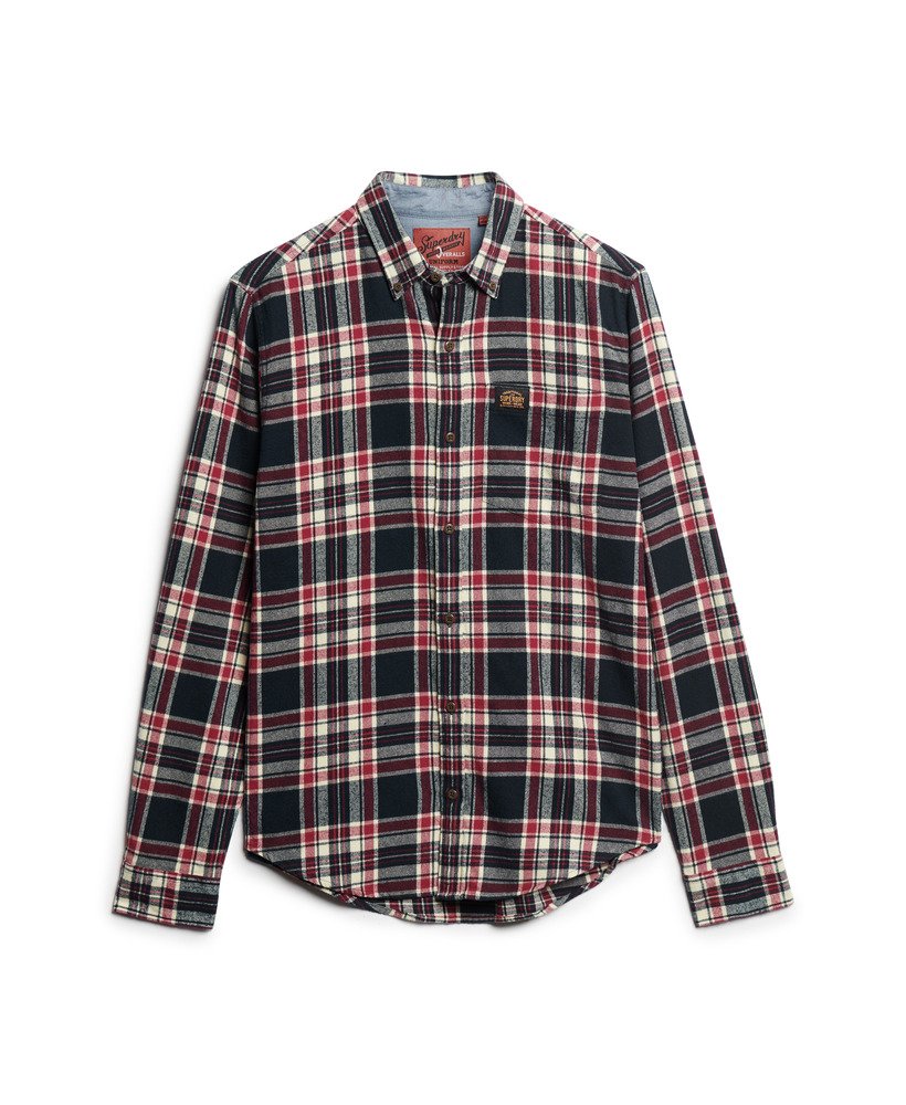 camisa de manga comprida estilo lenhador em algodão com estampa xadrez kansas azul marinho.