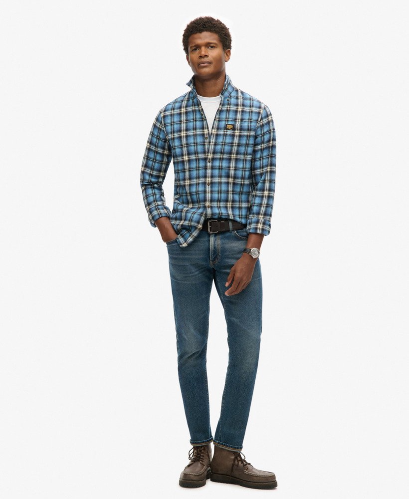 camisa de manga comprida estilo lenhador em algodão com estampa xadrez burghley azul.