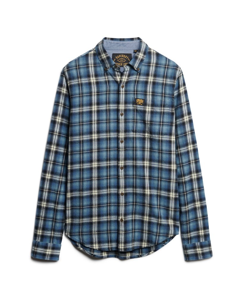 camisa de manga comprida estilo lenhador em algodão com estampa xadrez burghley azul.