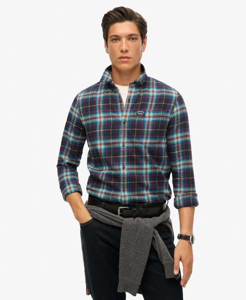 camisa de manga comprida estilo lenhador em algodão com estampa xadrez drayton azul marinho 2