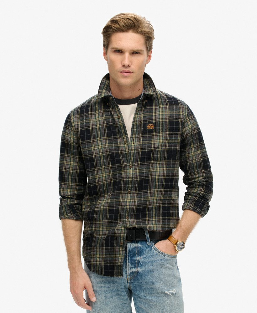 camisa de manga comprida estilo lenhador em algodão com estampa xadrez drayton preta.