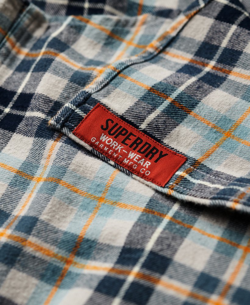 camisa de manga comprida estilo lenhador em algodão com estampa xadrez canyon check cinza claro.