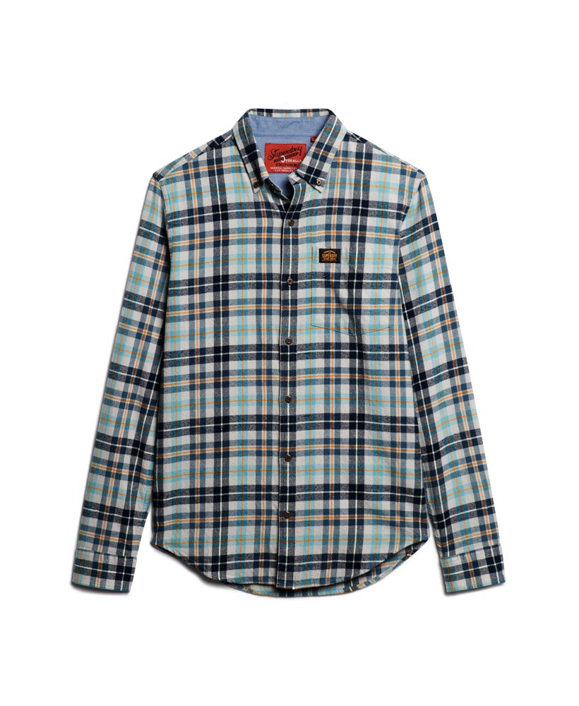 camisa de manga comprida estilo lenhador em algodão com estampa xadrez canyon check cinza claro.