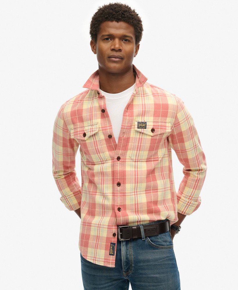 camisa xadrez operária em algodão orgânico na cor laranja ranch clay.