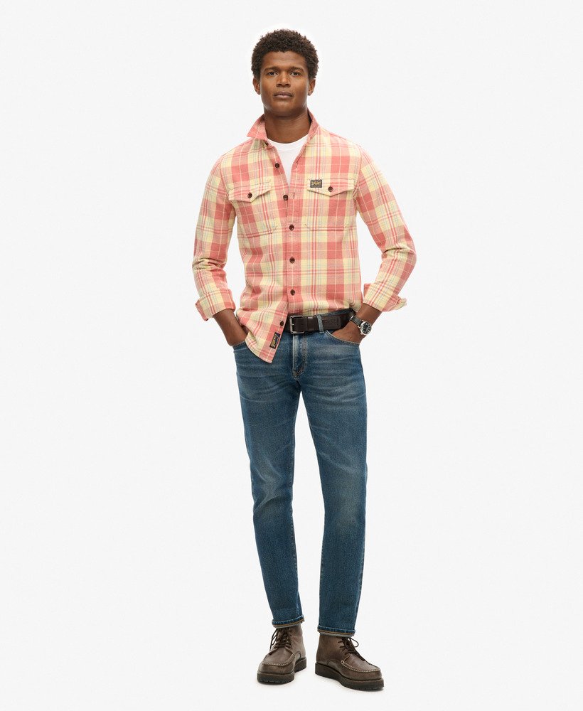 camisa xadrez operária em algodão orgânico na cor laranja ranch clay.