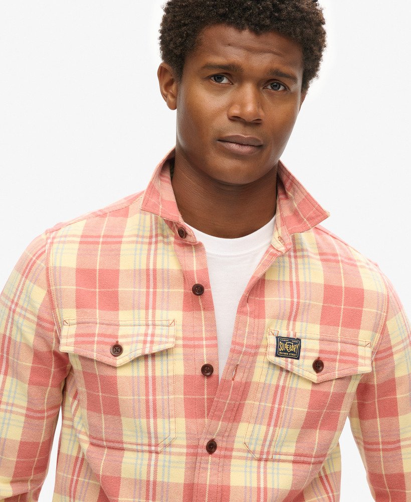 camisa xadrez operária em algodão orgânico na cor laranja ranch clay.