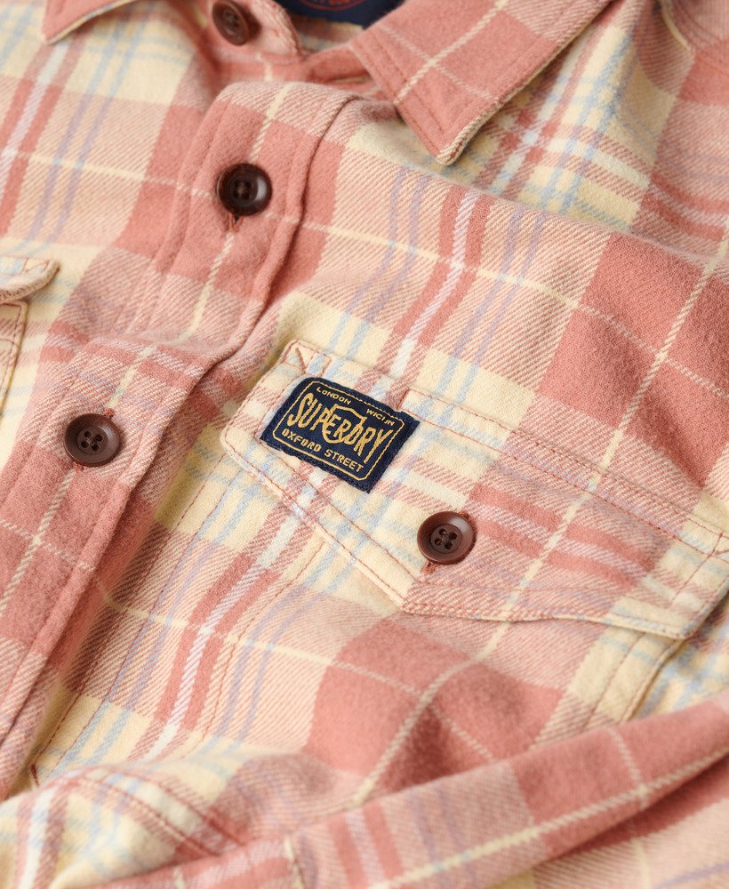camisa xadrez operária em algodão orgânico na cor laranja ranch clay.