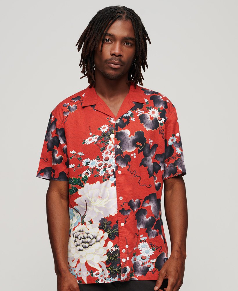 camisa havaiana de resort com estampa vermelha tsutatkikubotan