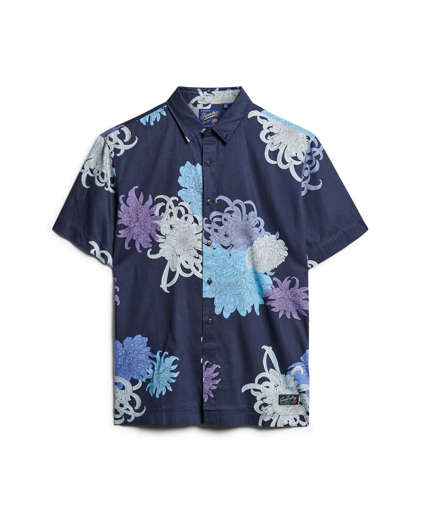 camisa havaiana na cor crisântemo azul marinho