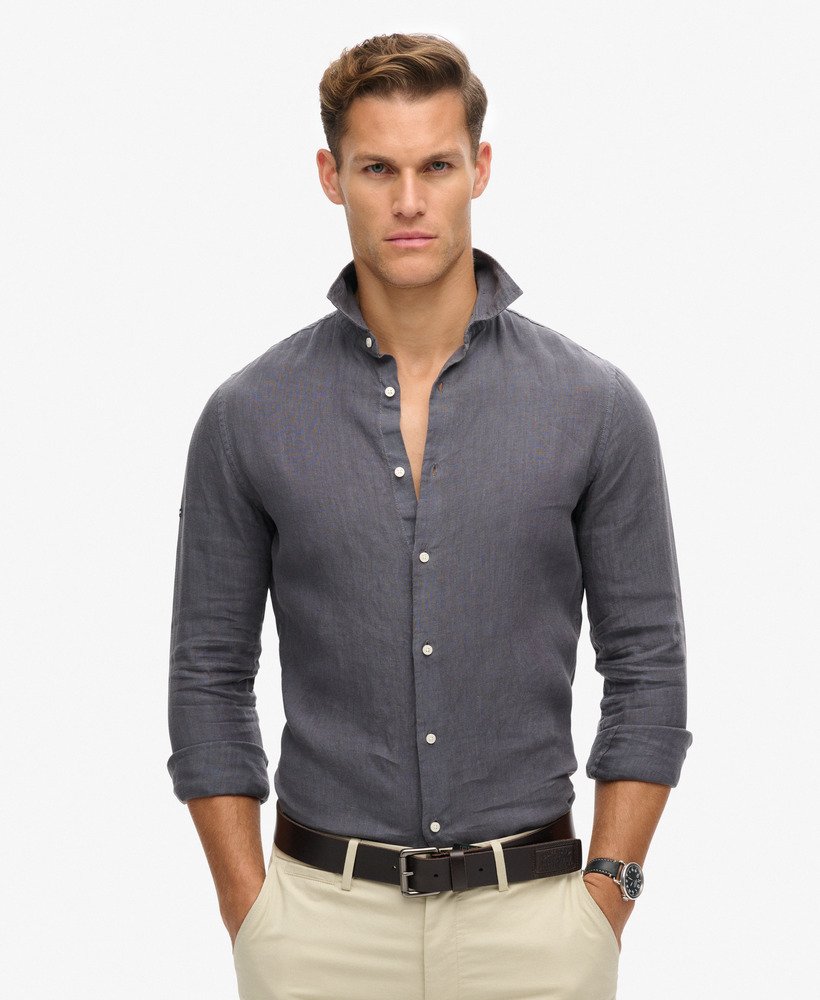 camisa casual de linho de manga comprida na cor cinza castlerock