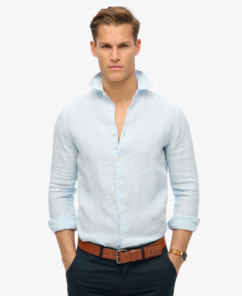camisa casual de linho de manga comprida com listras azul-marinho.