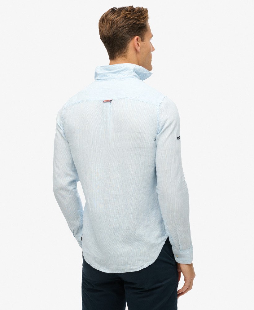 camisa casual de linho de manga comprida com listras azul-marinho.