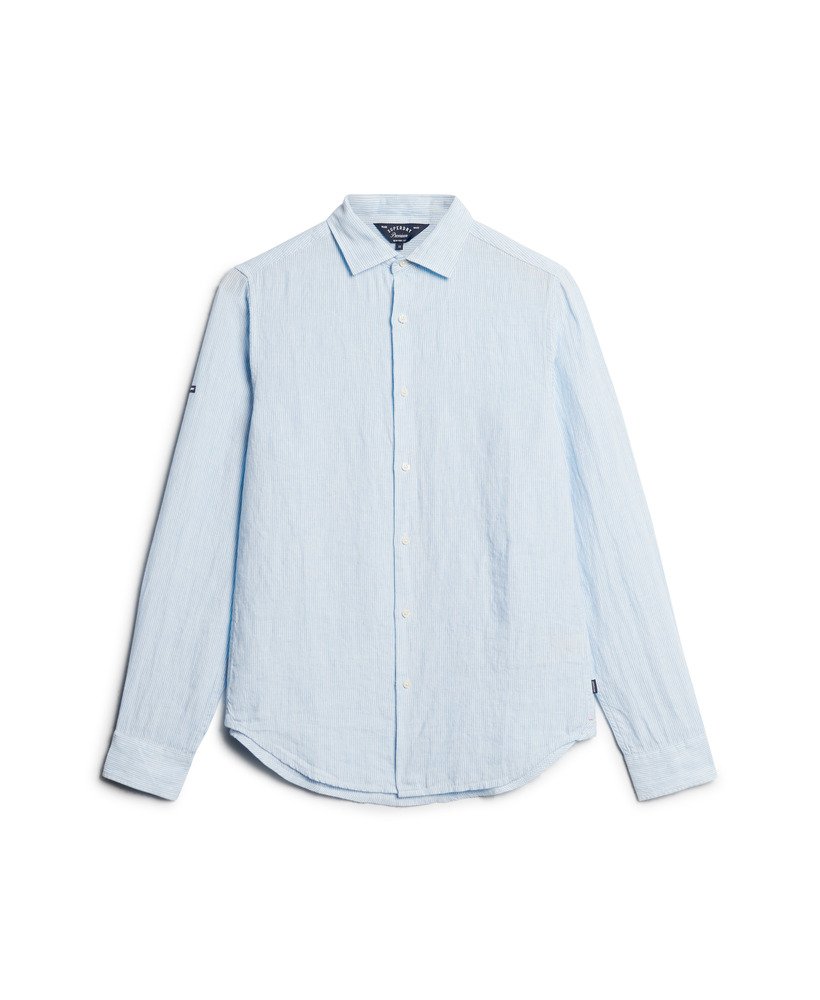 camisa casual de linho de manga comprida com listras azul-marinho.