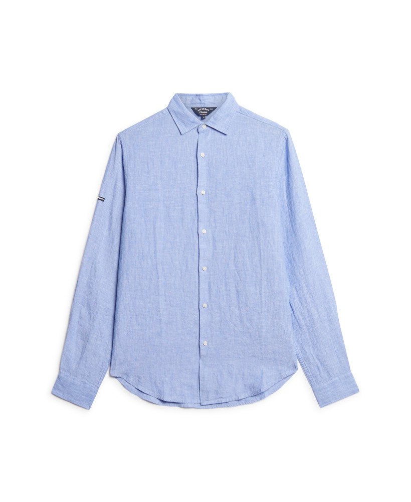 camisa casual de linho de manga comprida em chambray azul claro.