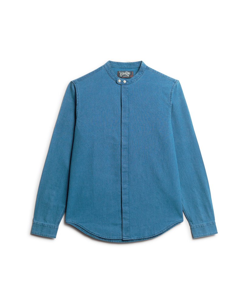 camisa grandad indigo da the merchant store em lavagem pesada