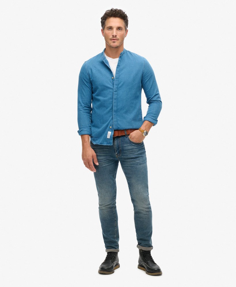 camisa grandad indigo da the merchant store em lavagem pesada