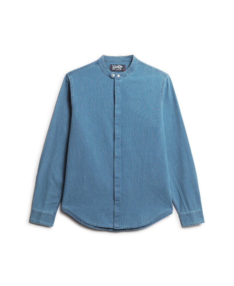 camisa grandad indigo da the merchant store em lavagem pesada
