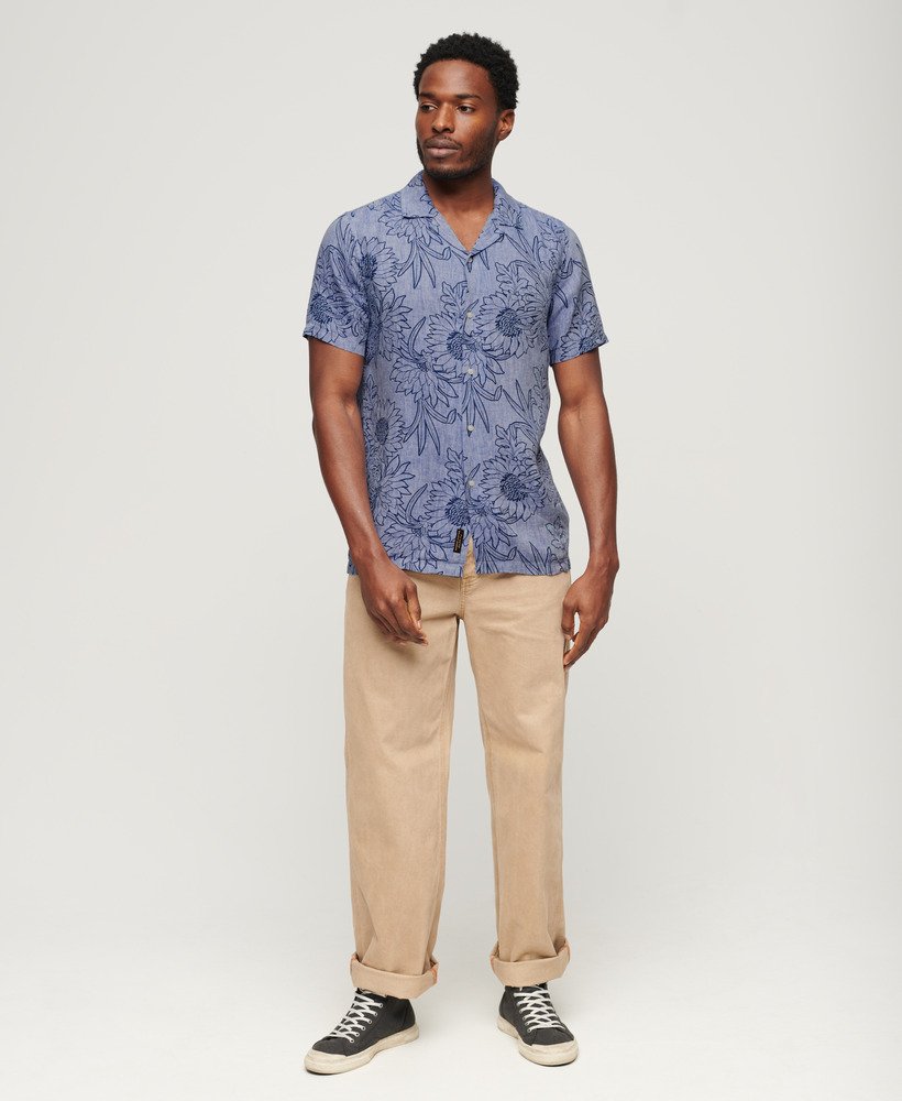 camisa de linho estampada com gola aberta na cor chrysanth optic outline print