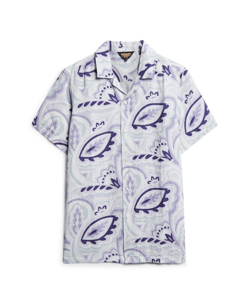 camisa de linho estampada com gola aberta na cor cinza louro.