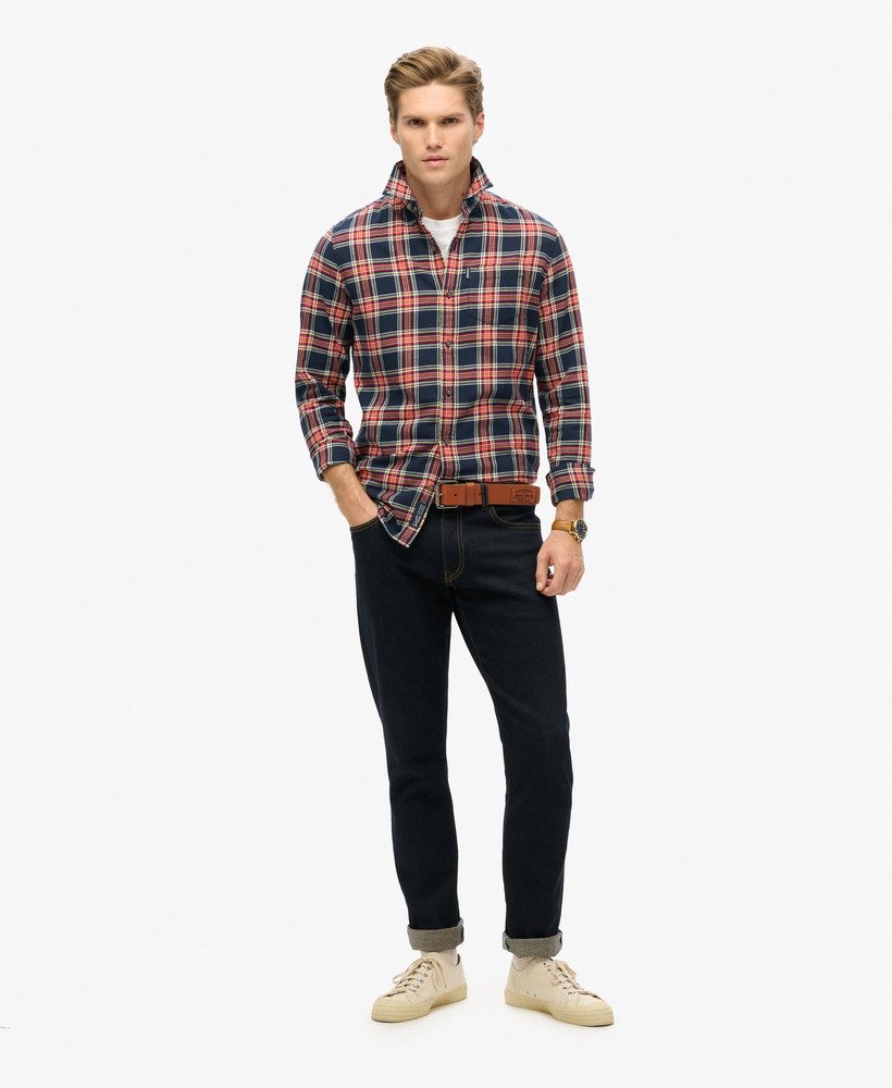 camisa xadrez vintage em algodão orgânico na cor azul marinho.