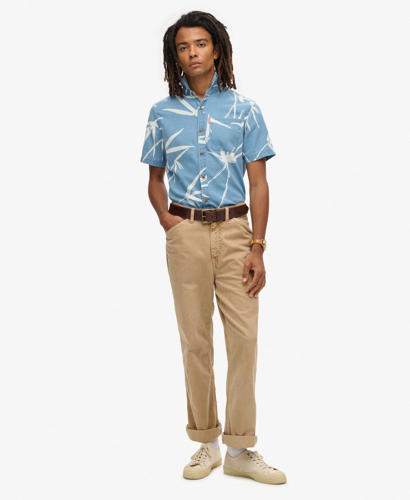 camisa vintage de manga curta loom em bambu com lavagem pesada.