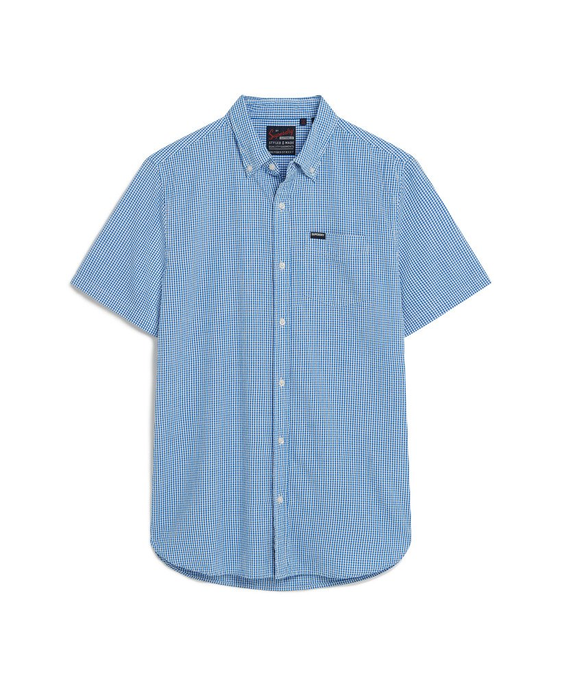 camisa de manga curta em tecido seersucker com estampa xadrez royal gingham.