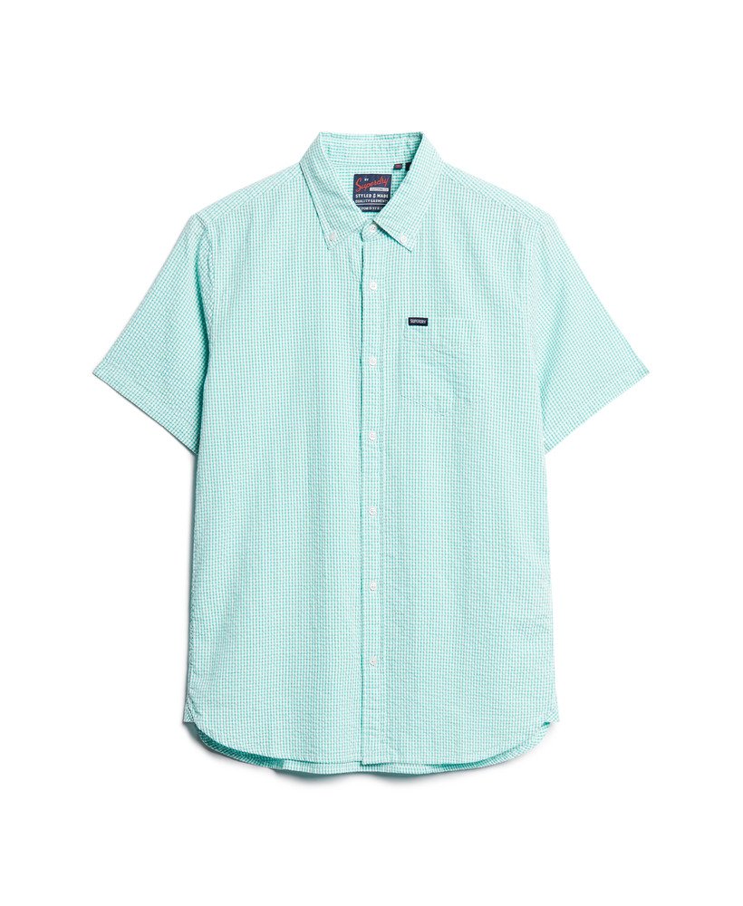 camisa de manga curta em tecido seersucker xadrez menta.