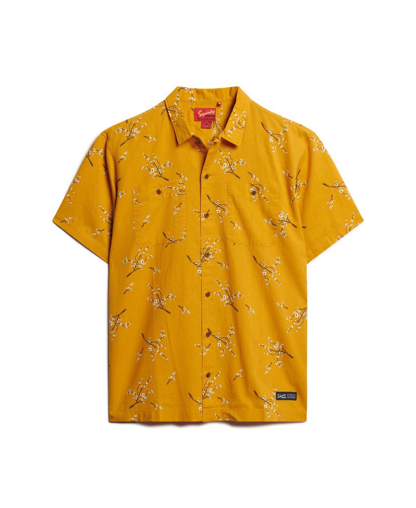 camisa de praia de manga curta em estampa floral dourada
