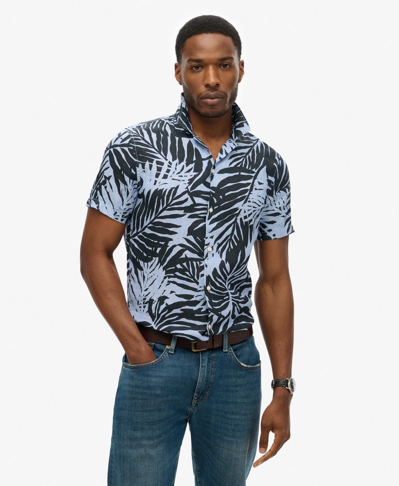 camisa de linho estampada com gola aberta na cor azul philip palm.