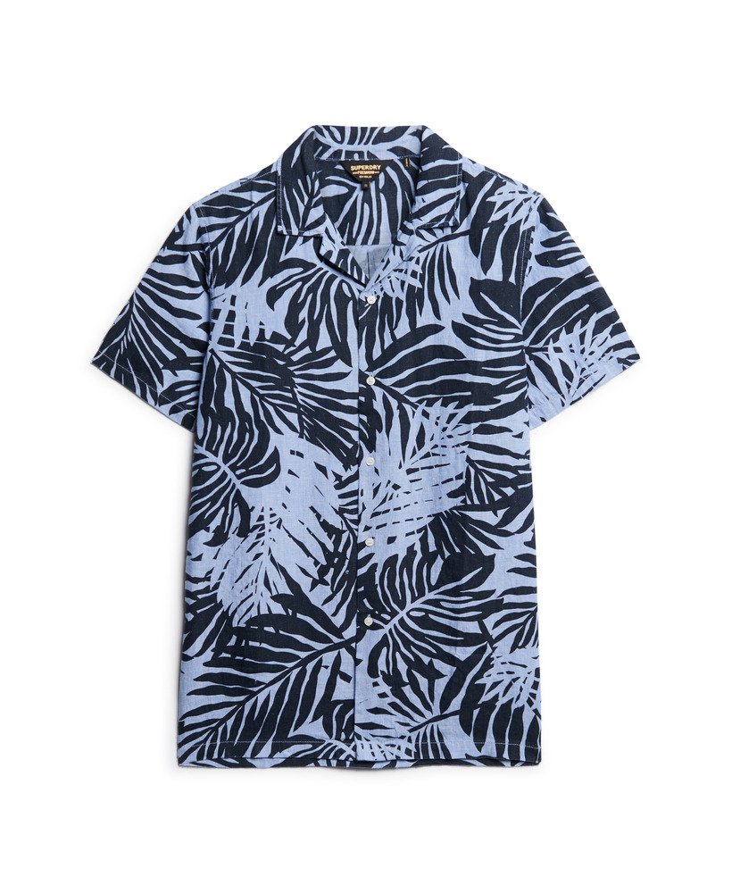 camisa de linho estampada com gola aberta na cor azul philip palm.