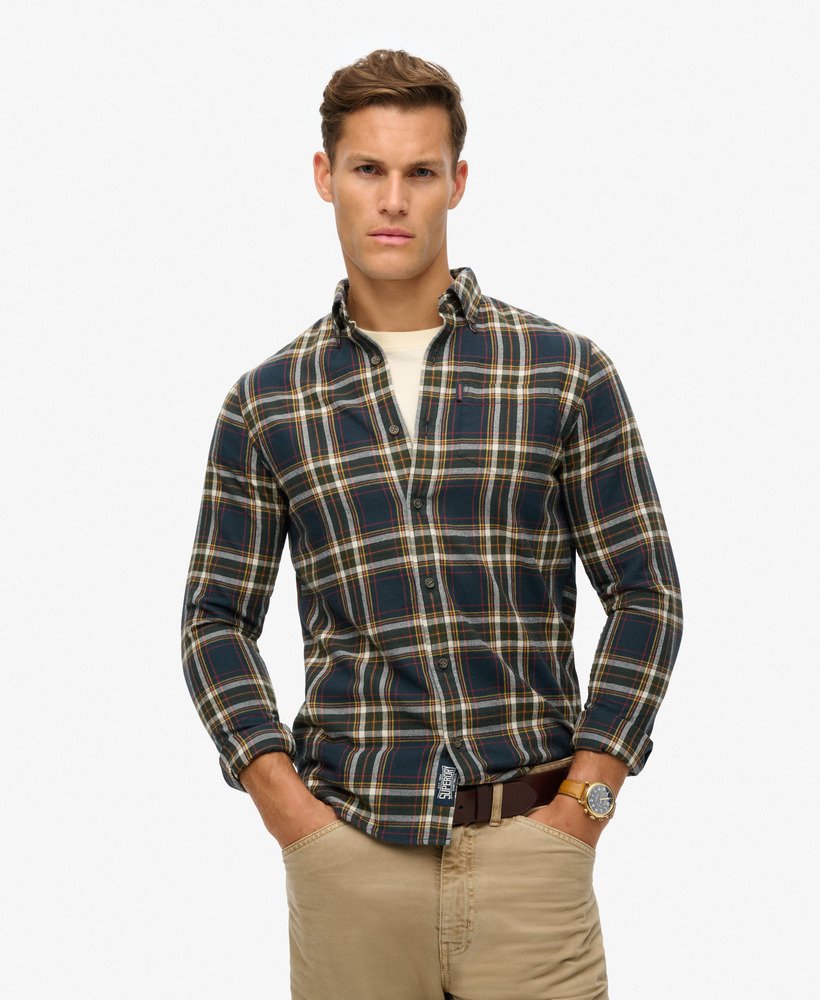 camisa xadrez vintage em algodão orgânico na cor azul marinho bryce check.