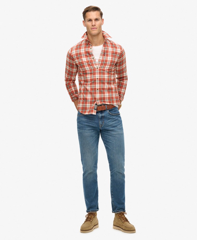 camisa xadrez vintage em algodão orgânico na cor branca estilo frontier check.