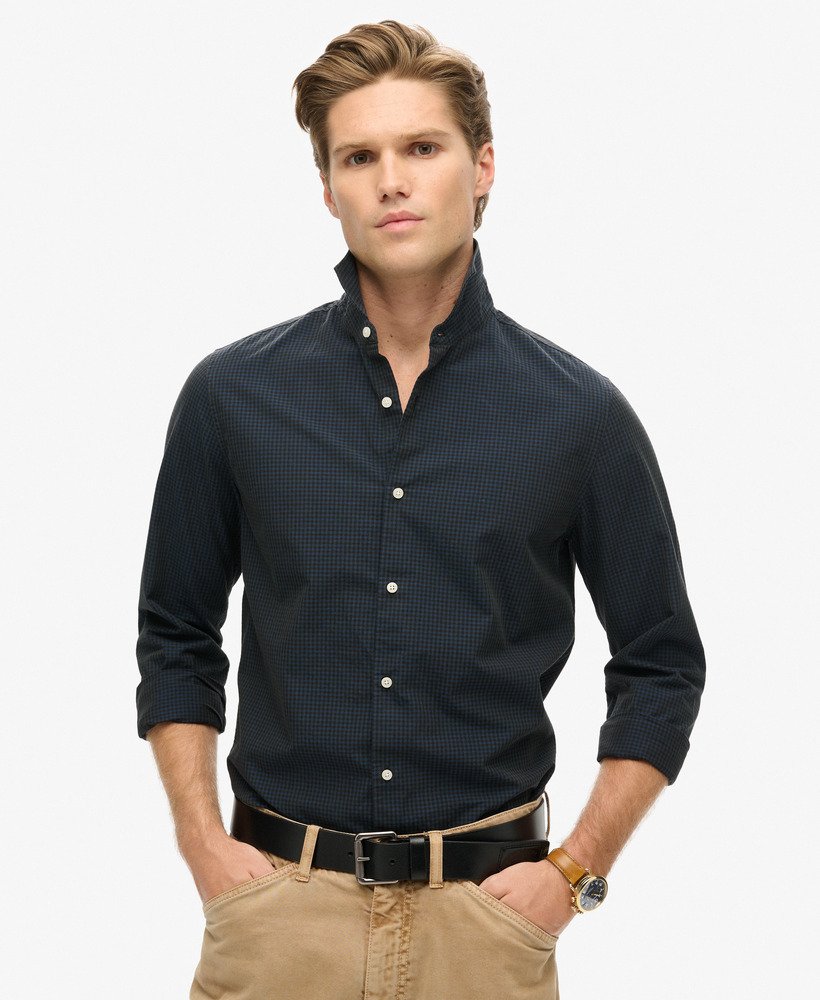 camisa casual de manga comprida em xadrez cinzaazul marinho