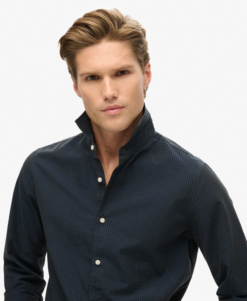 camisa casual de manga comprida em xadrez cinzaazul marinho