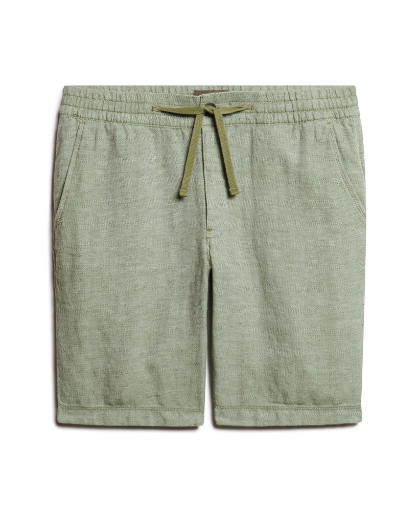 calções de linho com cordão na cor verde sálviaóptica.