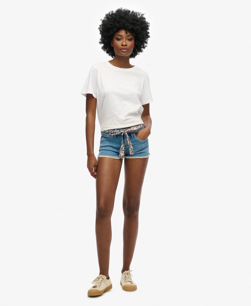 shorts curtos de renda na cor Índigo mÉdio