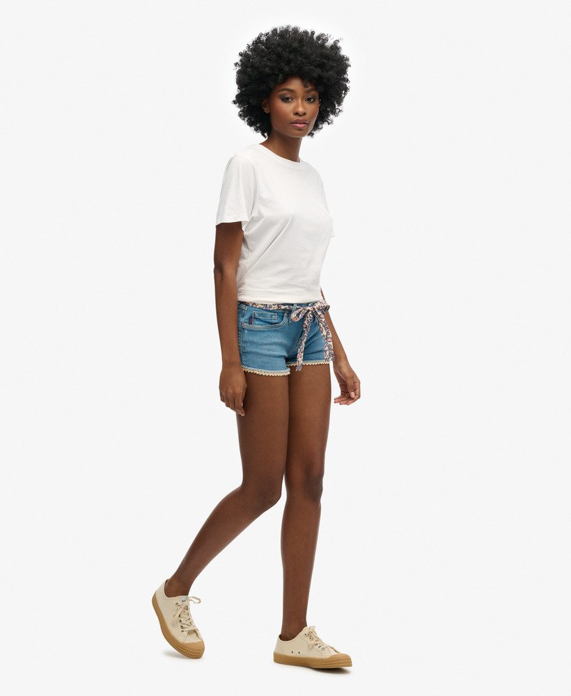shorts curtos de renda na cor Índigo mÉdio