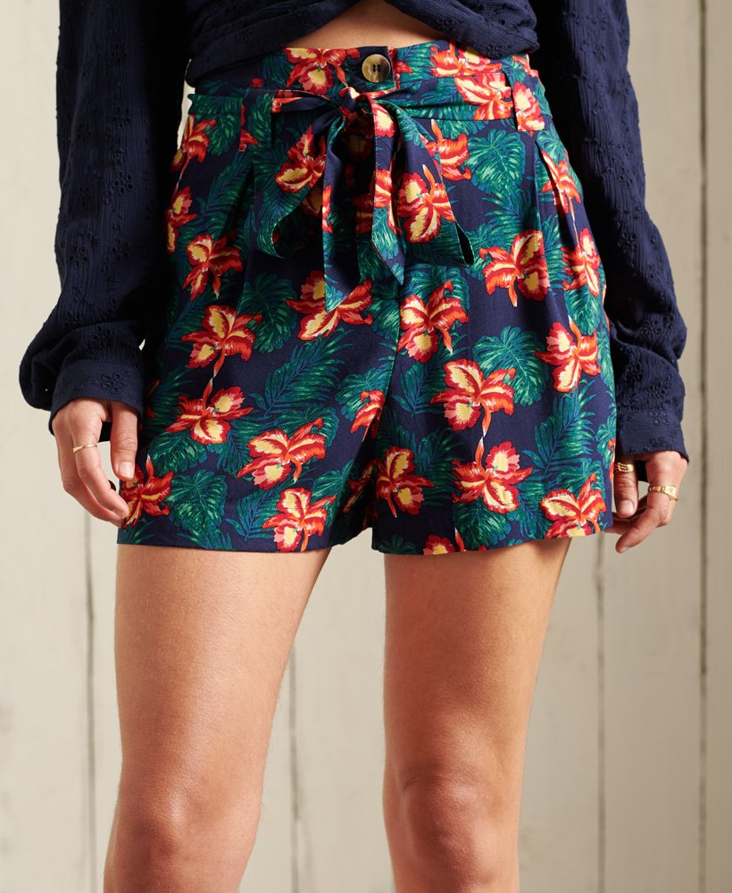 shorts paperbag estampados em estampa floral azul-marinho