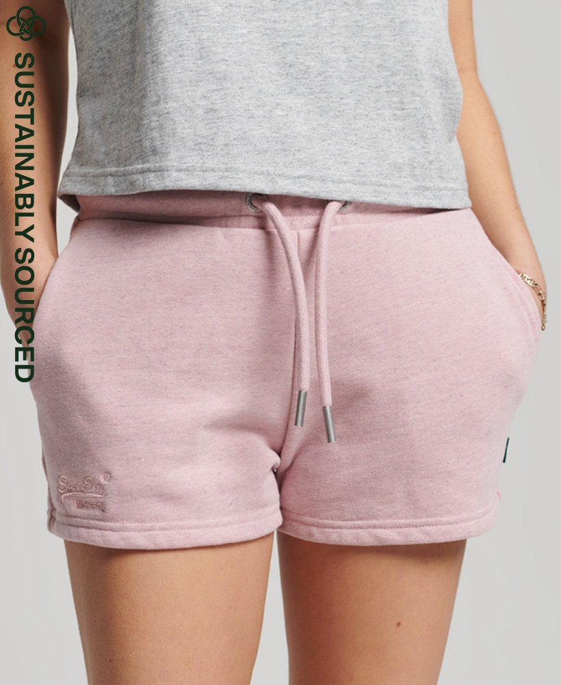 shorts de malha com logo vintage em algodão orgânico na cor rosa mescla suave la.