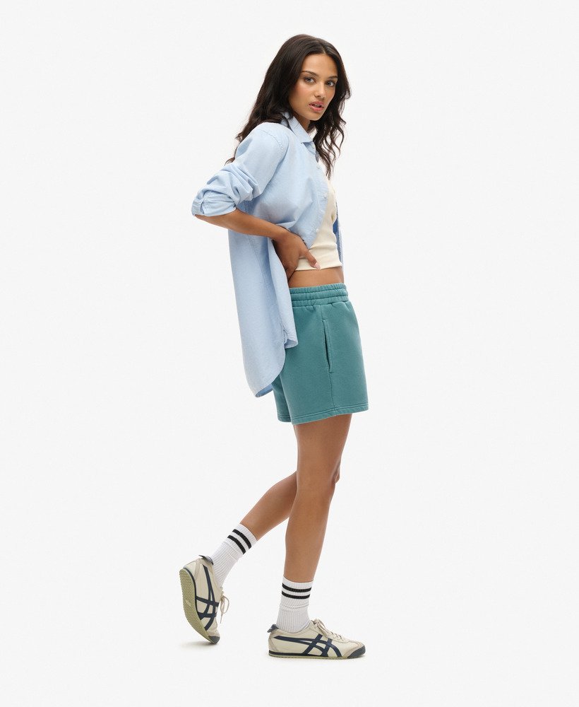 shorts de moletom com lavagem vintage na cor turquesa escuro hydro.