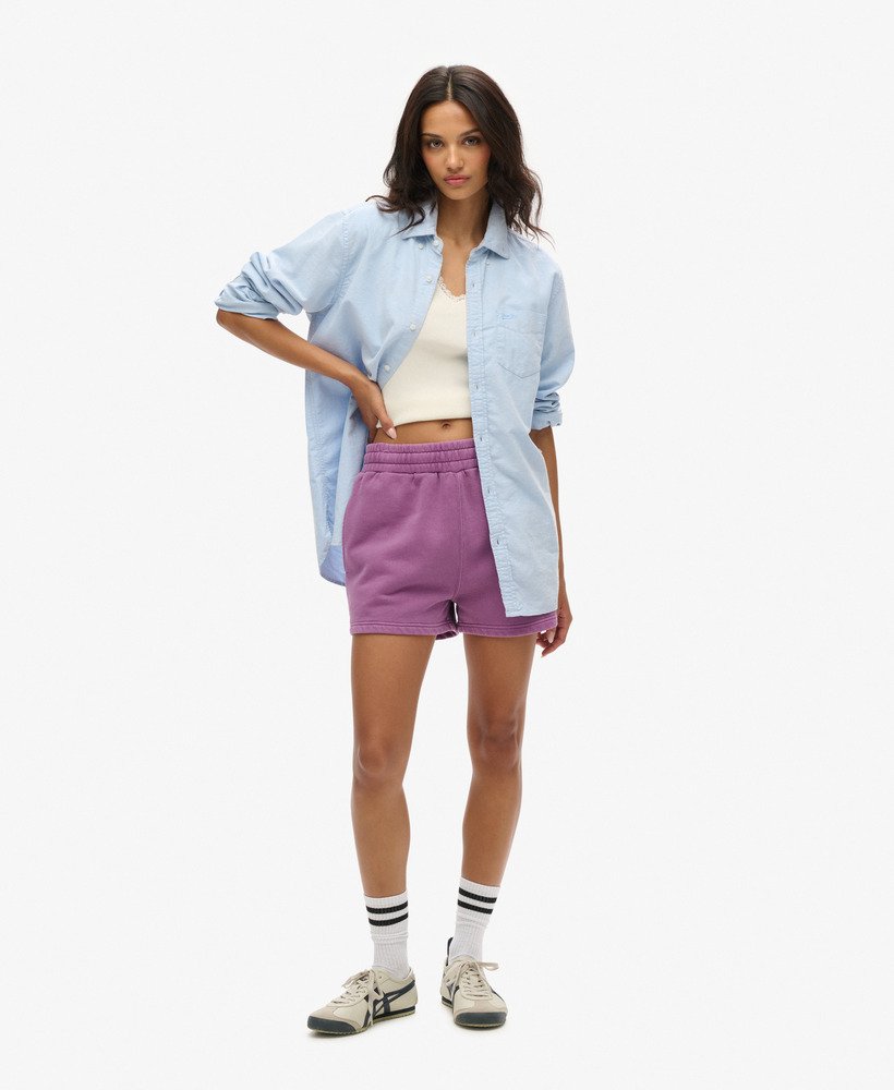 shorts de moletom com lavagem vintage na cor roxa grape jam